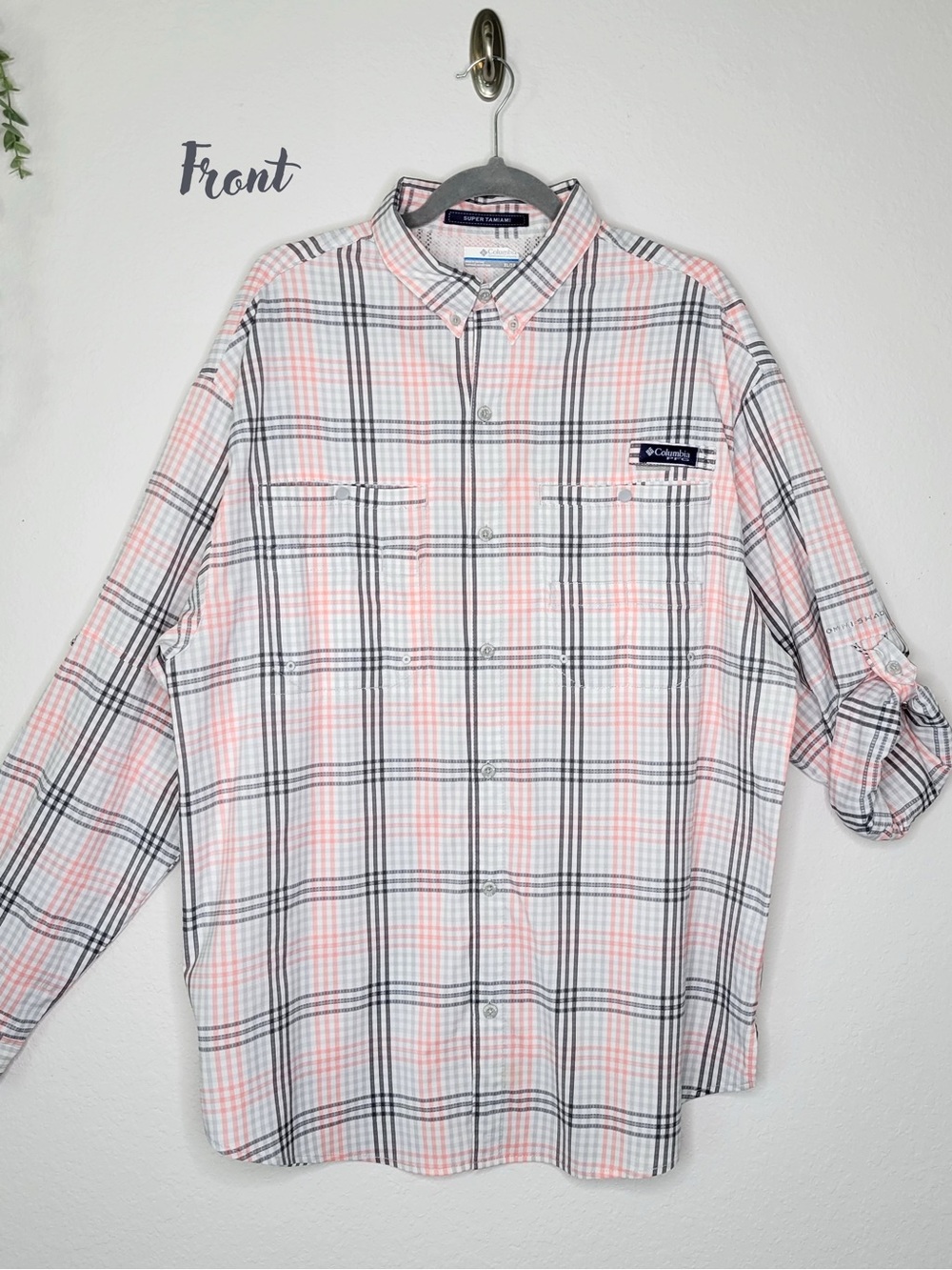 Columbia Men’s White, Pink & Gray Plaid Button-Down Shirt XL